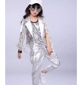 Girls boys hiphop street jazz dance costume silver sequins model show school student catwalk performance waistcoat vest and pants